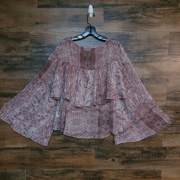 Jennifer Lopez Chiffon Ruffle Flare Sleeve Top L Watercolor Keyhole Neck Boho - Picture 2 of 9
